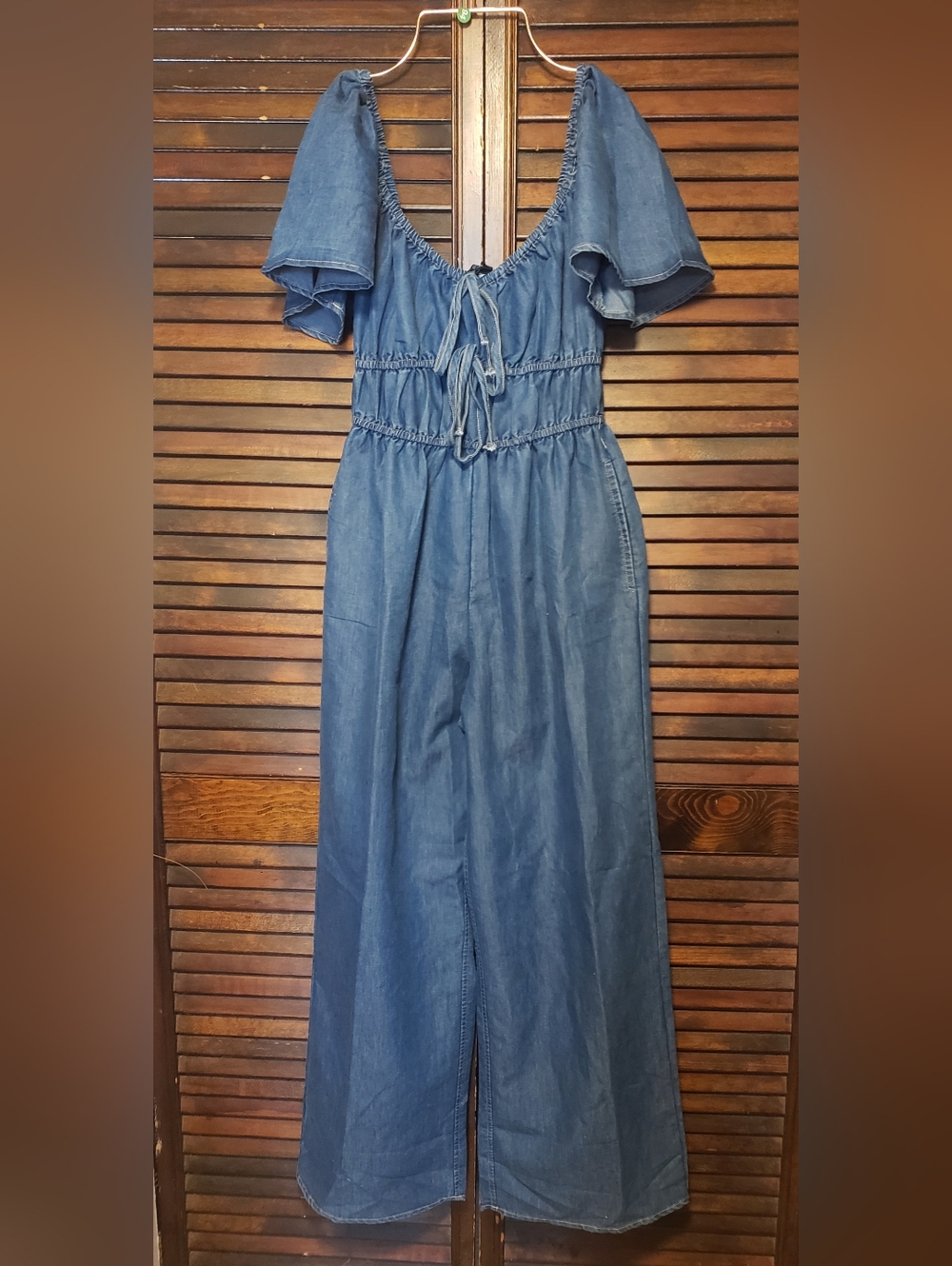 Indulge Blue Denim Wide Leg Jumpsuit Bell Sleeve Smocked Waist Size S